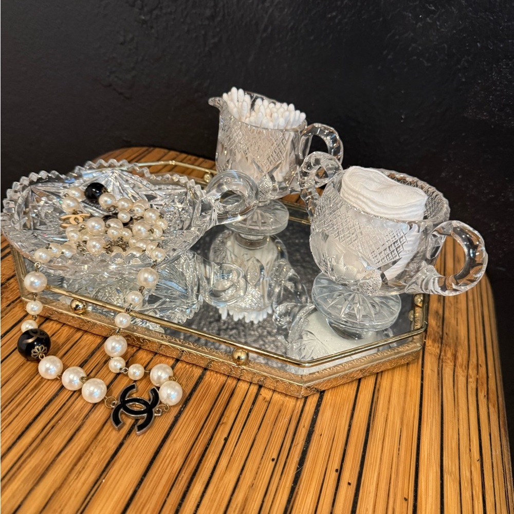 Mirror and gold makeup tray and crystal set
